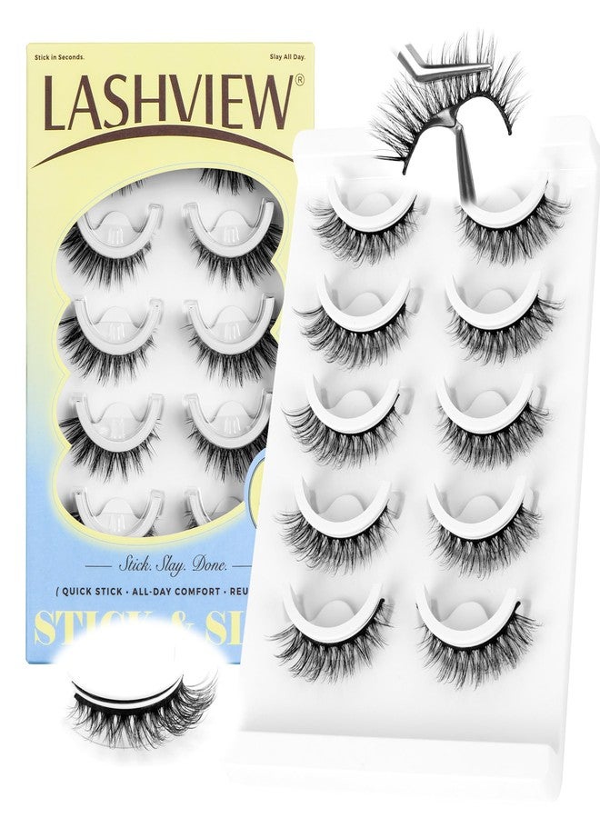 LASHVIEW Self Adhesive Eyelashes, 5 Pairs Natural Look Press On Lashes No Glue Need Eyelashes Reusable Cat Eye Wispy Self-adhesive False Lashes with Replacement Adhesive Strips (C01) - Image 1